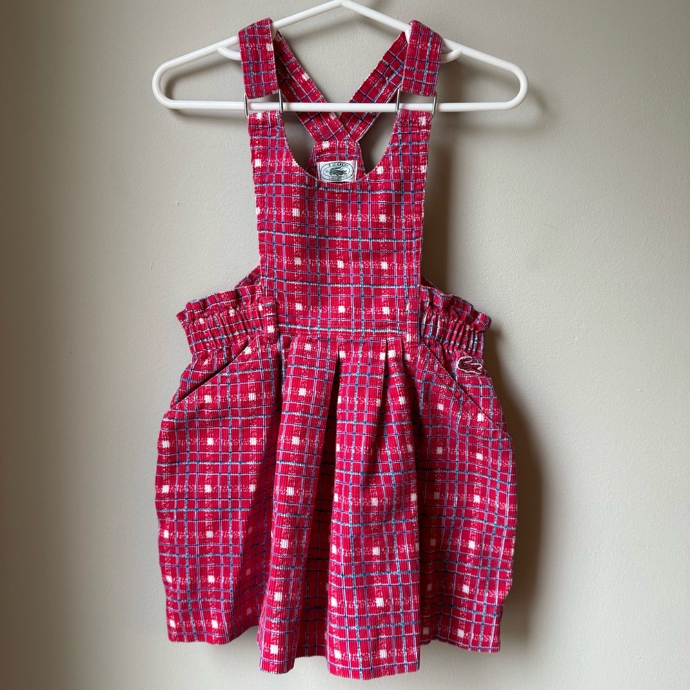 Vintage Izod Lacoste Kids Red Plaid Corduroy Jumper Dress, size 2T